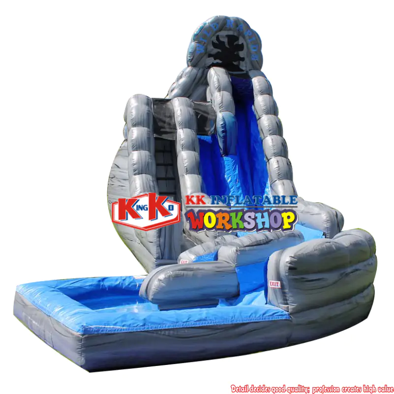 18' Gray Inflatable Water Slides Big Double Lane Wild Rapids With Pool