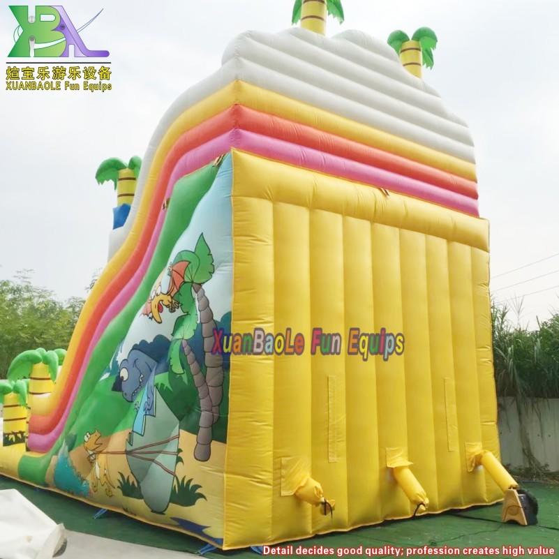 Resort Giant Dino Park Inflatable Slide Palm Tree Dinosaur Jumping Bouncy Slide Double Lanes For Amusement Park