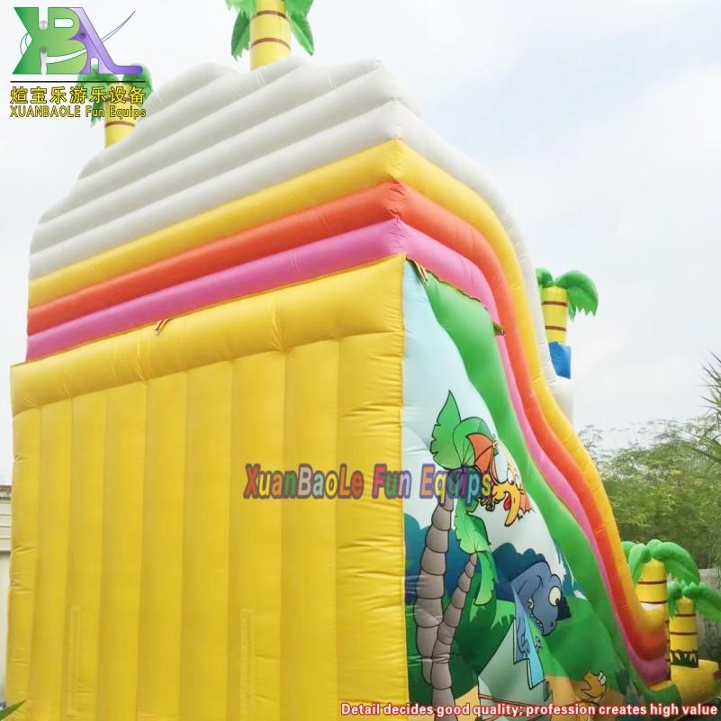 Resort Giant Dino Park Inflatable Slide Palm Tree Dinosaur Jumping Bouncy Slide Double Lanes For Amusement Park