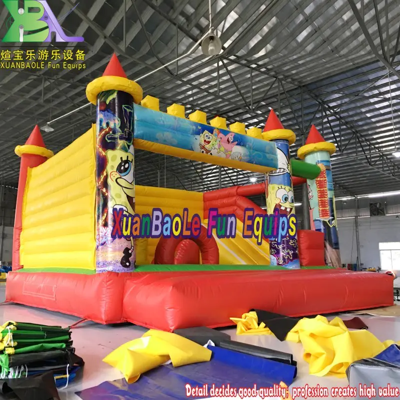 Kids Spongebob Jumping Castle Bounce House Inflatable Bouncer Combo, Indoor Bouncy Slide With Moon Bounce