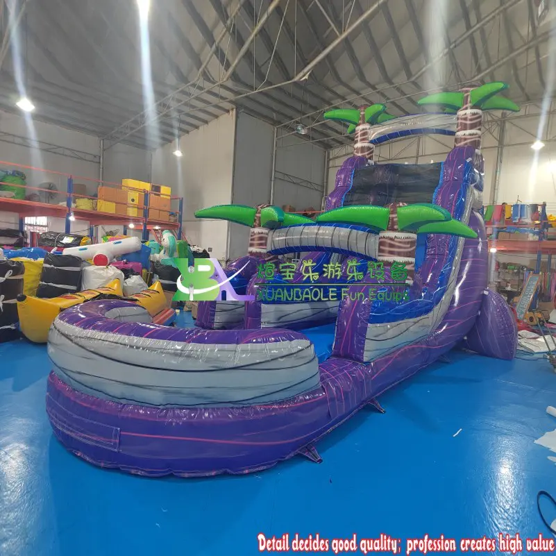 Customized Palm Tree Inflatable Marble Water Slide 18ft Purple Hurricane Water Slide