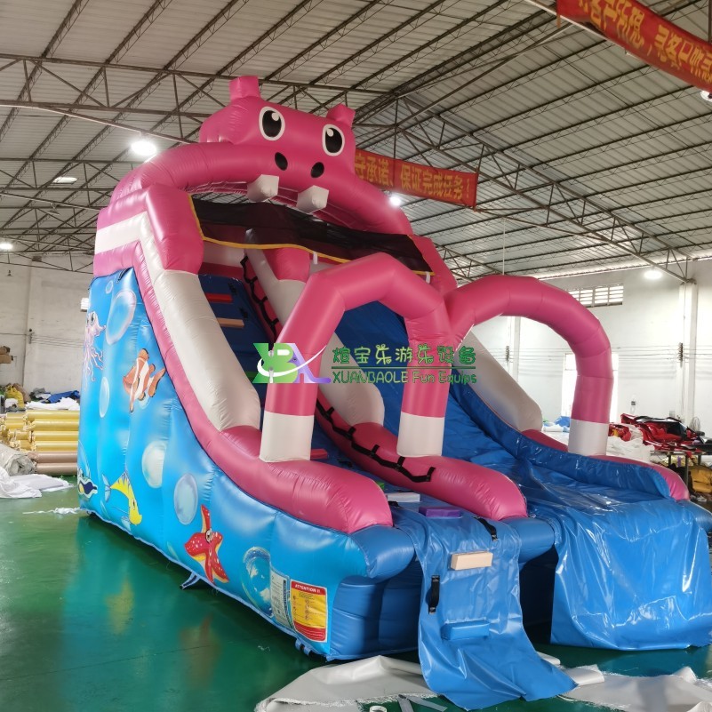 Cool Splash Fun Inflatable Pool Slide , Cartoon Hippo Water Slide For Inground Pools