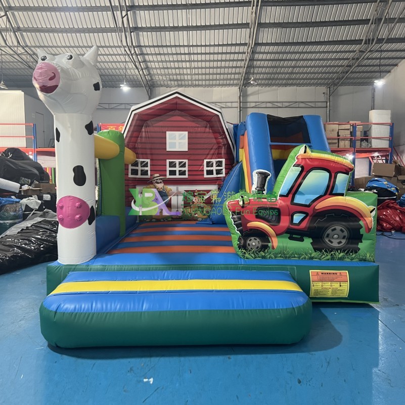 Commercial PVC inflatable jumper combo castle with slide, Cow Farm bounce house