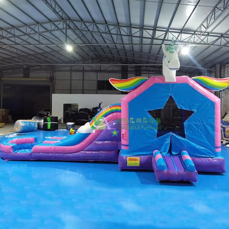 Unicorn Bouncy House And Slide, Custom Made Cartoon Inflatable Combo With Wet Dry Pool